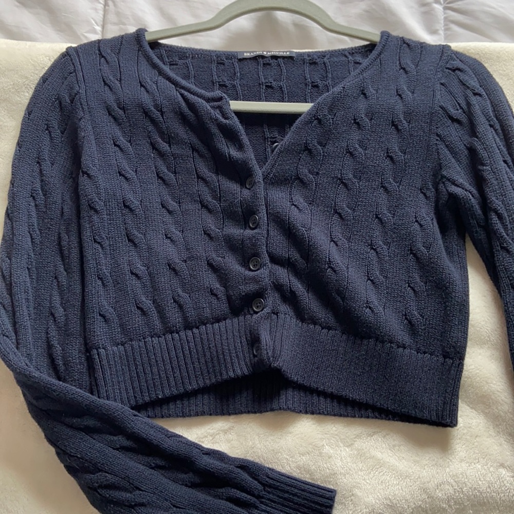 Navy blue knit cropped button up sweater